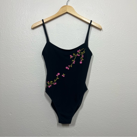 Oscar De La Renta Black Cherry Blossom Embroidered One Piece Swim - Picture 2 of 12